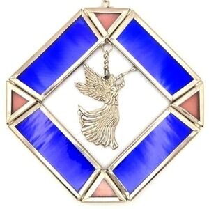 Stained Glass Angel Ornament Silver Tone Metal Frame Blue Pink Christmas Decor
